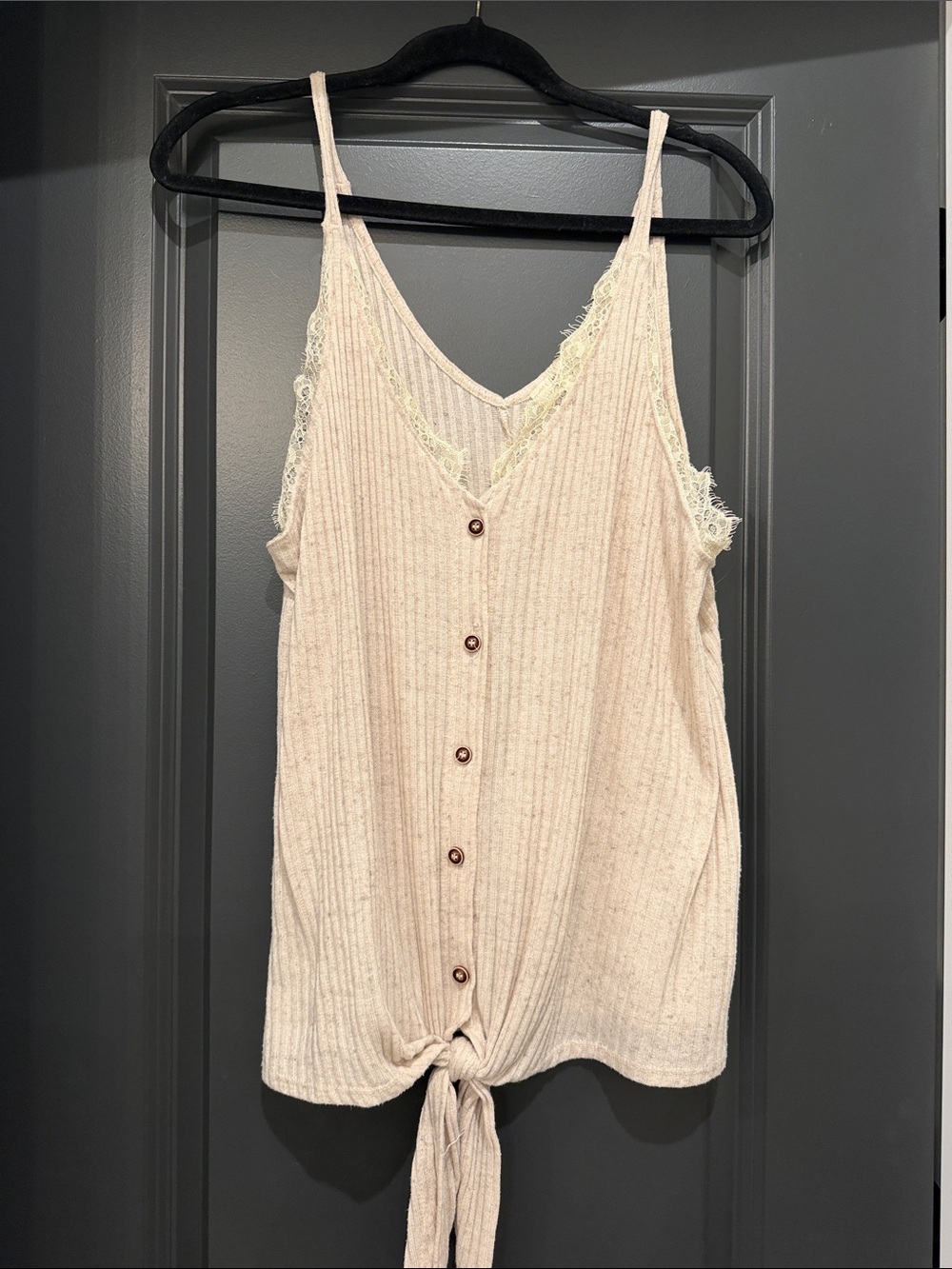 Altar’d State Lace Trim Ribbed Tie-Front Tank Top - Cream